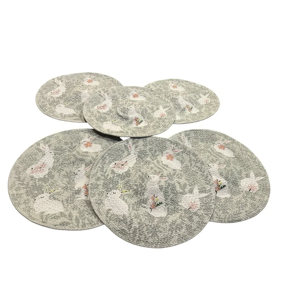 Easter‎ Placemats Bunnies Flowers Embroidered 15 Inch Round Set of 6